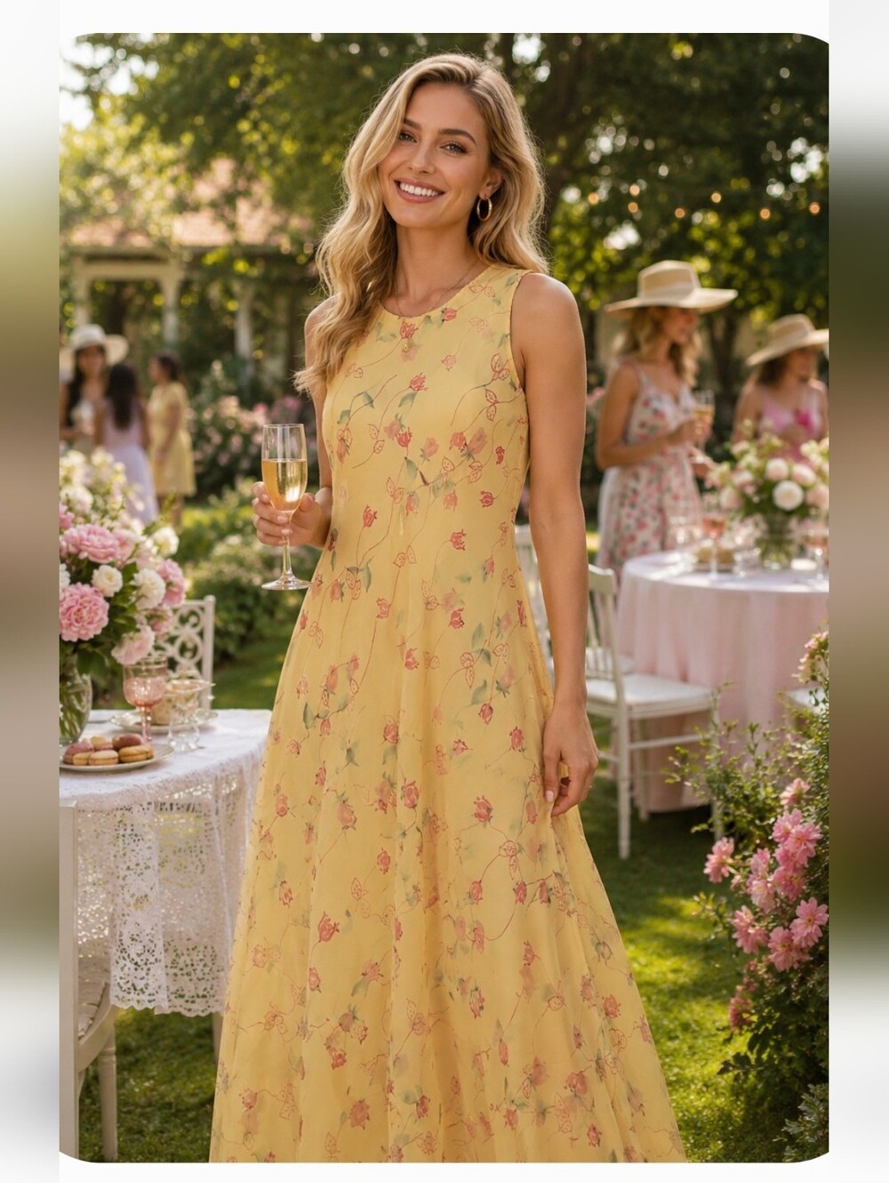 My Michelle Yellow Floral Sheer Overlay Maxi Dress Size 9/10 Vintage Cottagecore